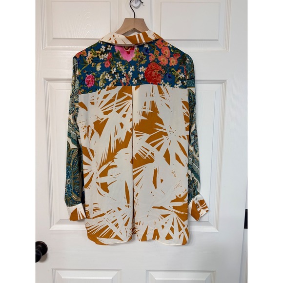 Rose and Olive Patchwork Floral Geometric Print Long Sleeve Button Up Shirt L - Picture 4 of 8